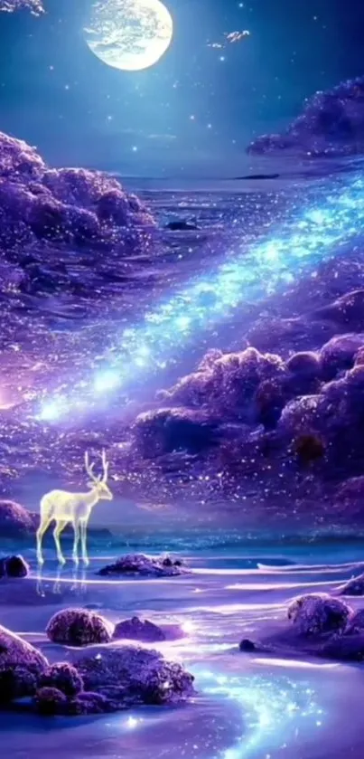 Mystical fantasy wallpaper with a glowing deer under a purple starry sky.