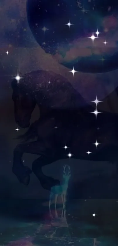 Mystical horse under a starry night sky with ethereal lighting.