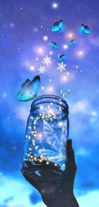 Hand holding a jar releasing glowing butterflies into the starry night sky.