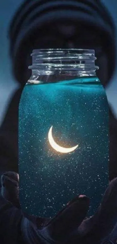 Hand holding a jar with a glowing crescent moon and starry sky.