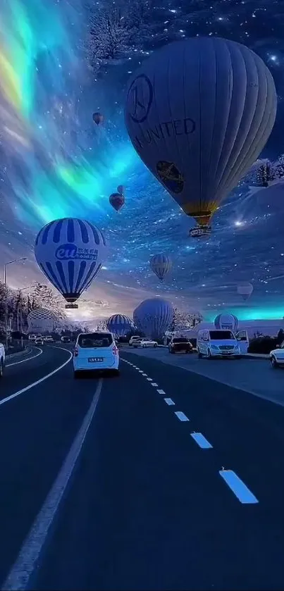 Hot air balloons under a vibrant night sky.