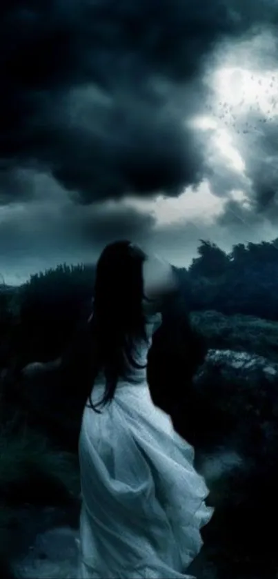 Mystical night scene with dark clouds and a lone figure in a white dress.