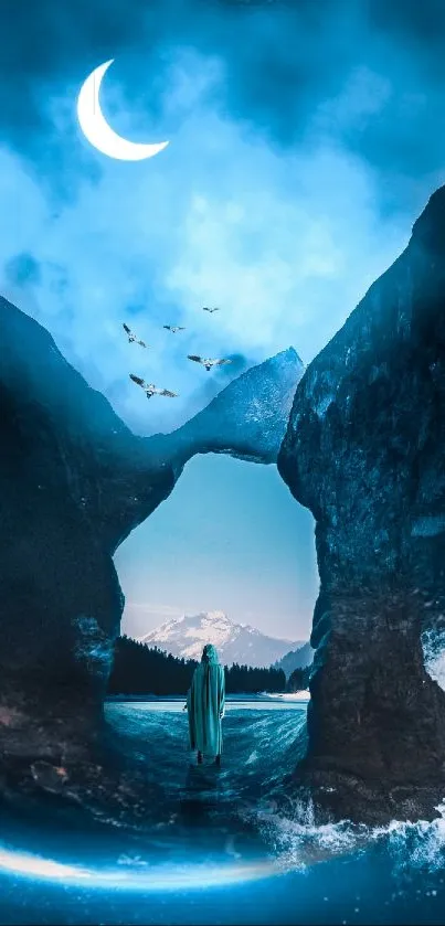 Mystical landscape with crescent moon and mountains at night.