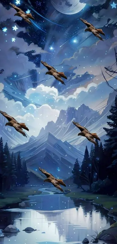 Majestic eagles soar over a moonlit night sky with mountains and a serene lake.