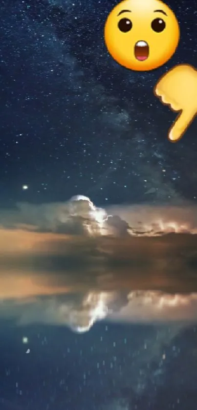 Starry night sky with boat and reflection on water.