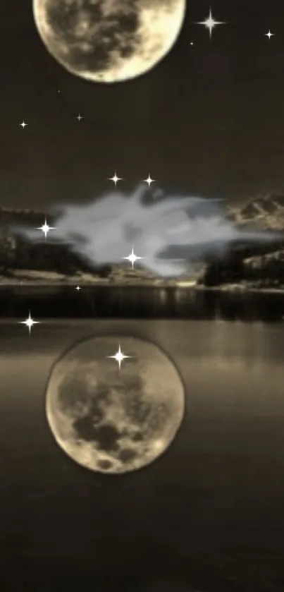 Mystical night sky with moon and stars over a tranquil lake.