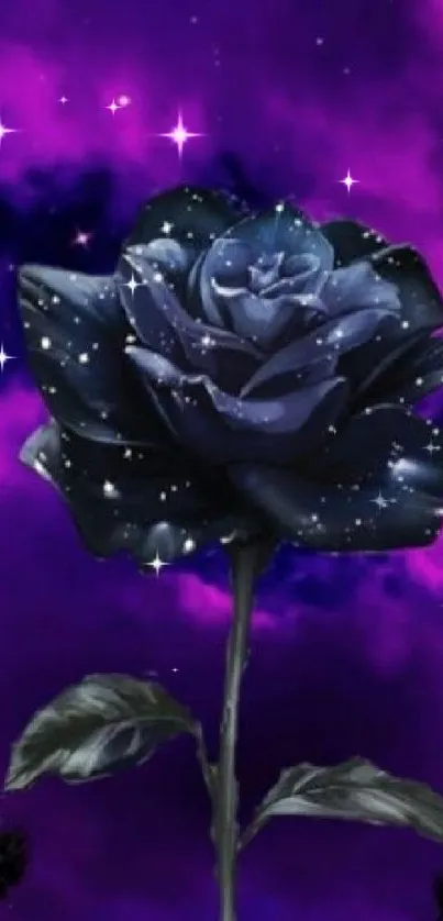 Cosmic purple sky with a mystical black rose and full moon.