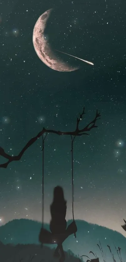 Silhouette of swing under crescent moon with shooting star in night sky.