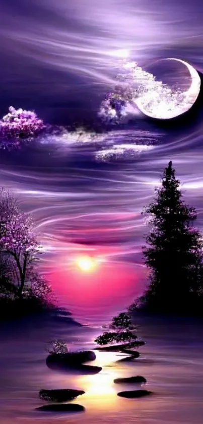 Mystical night sky with crescent moon and serene landscape.