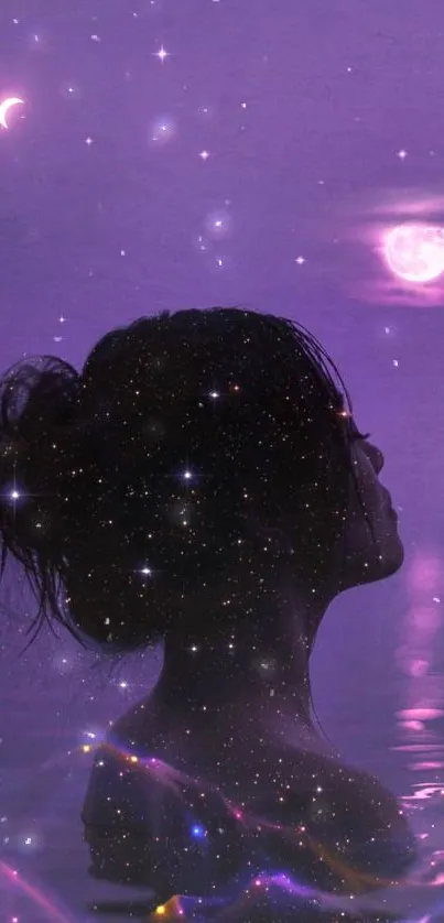 Silhouette of a woman against a mystical night sky with stars and purple hues.