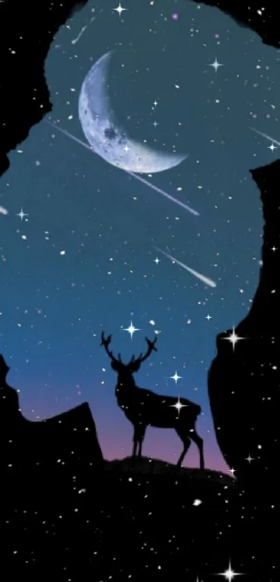 Silhouette of a deer against a starry night sky with a crescent moon.