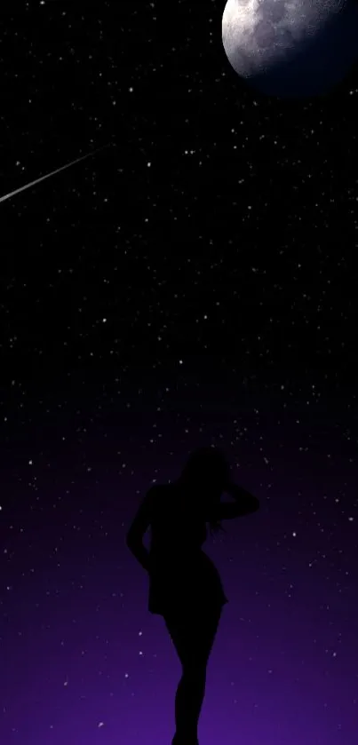 Silhouette beneath a starry night sky and moon with purple hues.