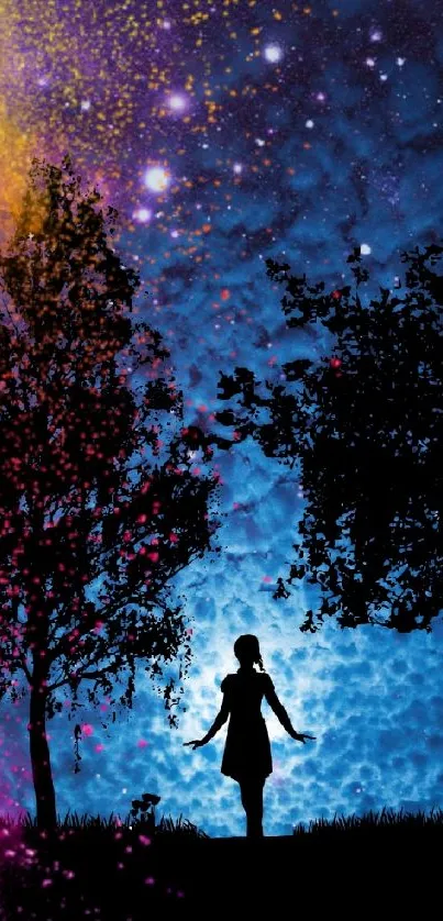 Silhouette of girl under vibrant starry night sky.