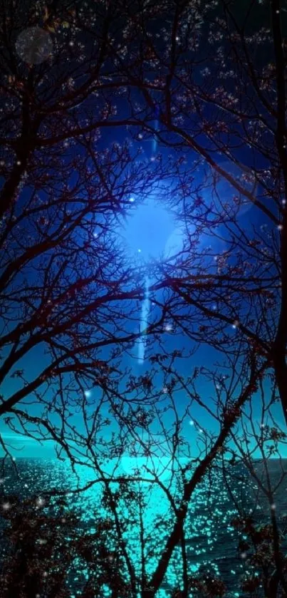 Mystical night sky with silhouette of trees and luminous blue horizon.