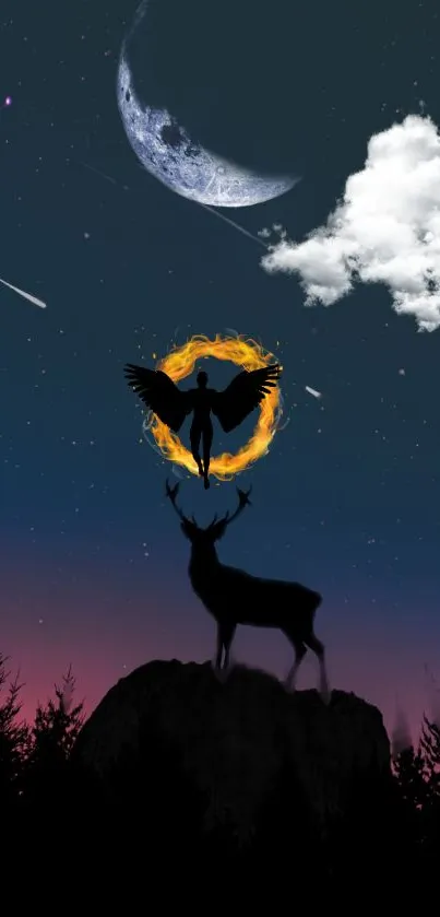 Mystical night sky with deer silhouette and celestial figure.