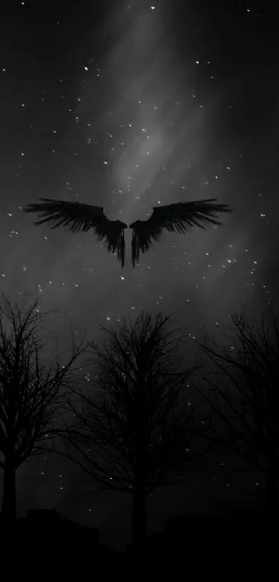 Angel silhouette in a mystical night sky with stars.