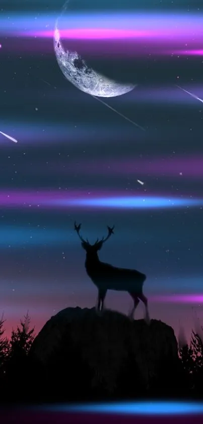 Silhouette deer under a mystical night sky with neon lights and shooting stars.