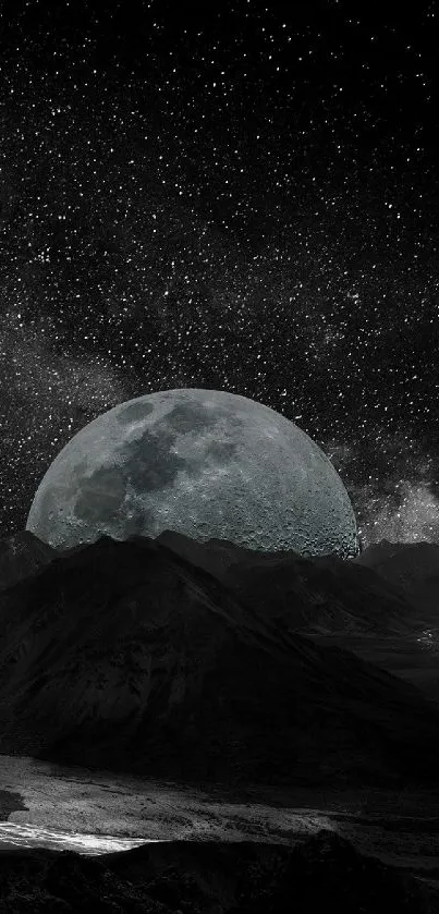 Dark mountain landscape under a starry sky with the moon in the background.