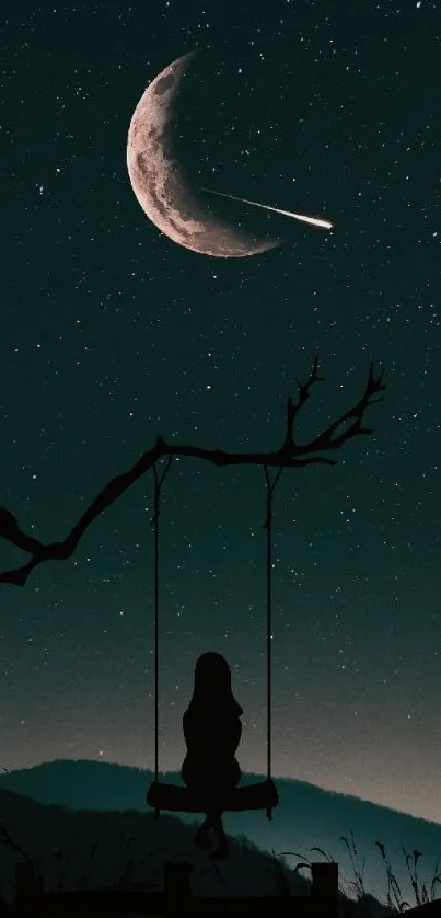 Silhouette of girl on swing under crescent moon and stars in dark teal night sky.