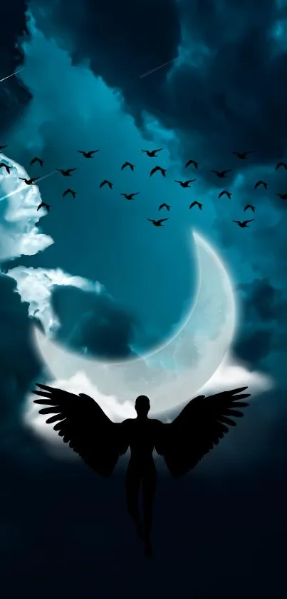 Mystical dark sky with moon and silhouetted angel wings.