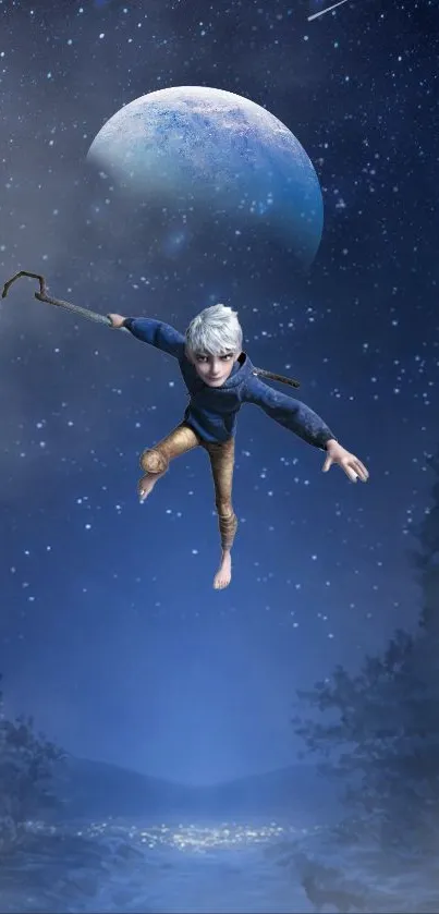 A figure flying in a starry night under a moonlit sky, surrounded by dark blue tones.