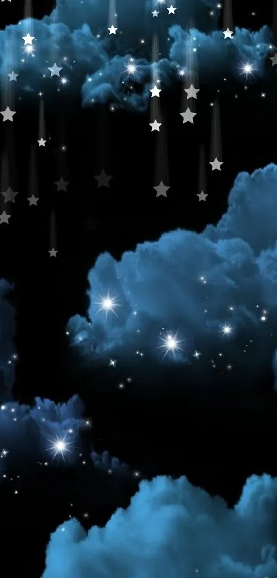 Mystical night sky with glowing blue clouds and stars.