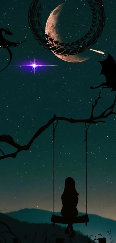 Silhouette of girl on swing under a night sky with dragons and crescent moon.