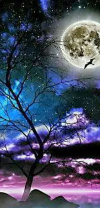 Mystical night sky with moon and tree silhouette wallpaper.