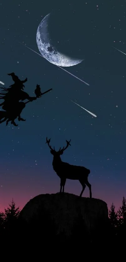 Silhouetted witch flies beneath a crescent moon with shooting stars and a deer.