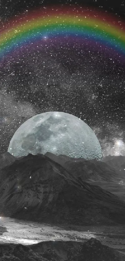 Celestial mountains under a rainbow and moonlit sky.