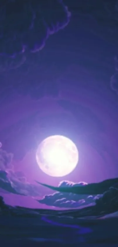 Mystical purple night sky with a glowing full moon and dark clouds.