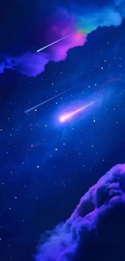 Mystical night sky wallpaper with colorful clouds and stars.