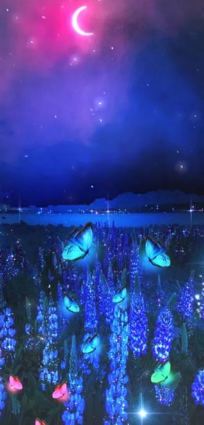 Mystical night sky with glowing butterflies and crescent moon.