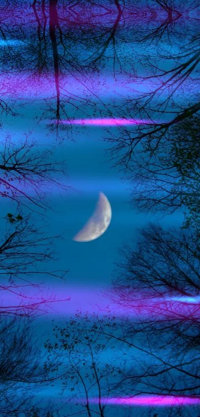 Mystical moonlit sky with purple hues and tree silhouettes.