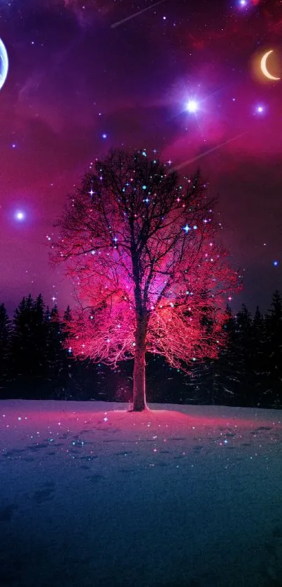 Mystical purple night sky with glowing tree.