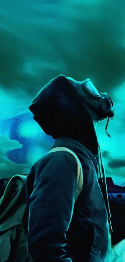 A person in a gas mask gazes at a vibrant teal aurora filled sky.