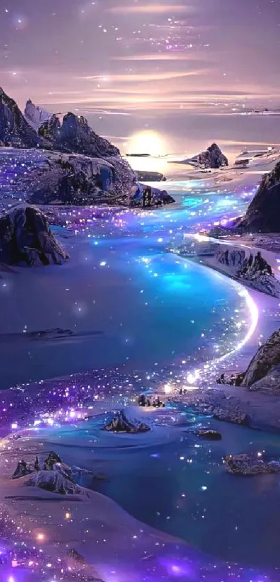 Mystical night landscape with glowing rivers and starry skies wallpaper.