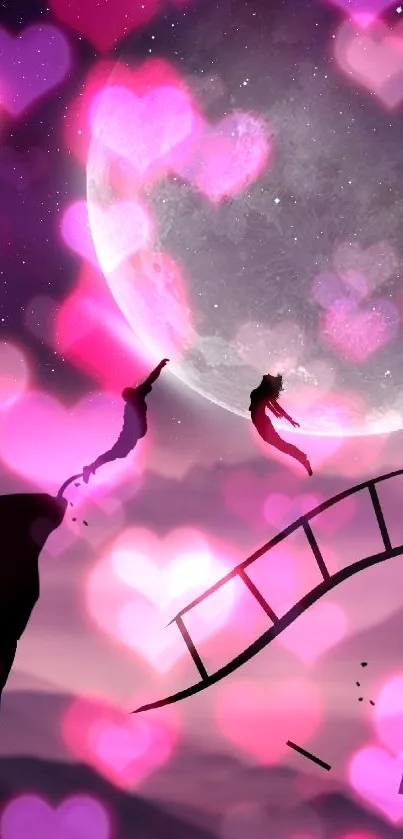 Silhouettes jump over a bridge under a full moon with a purple night sky.