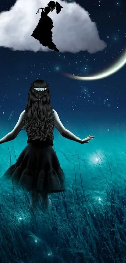 Mystical teal night sky with stars, moon, and a lone figure in a field.