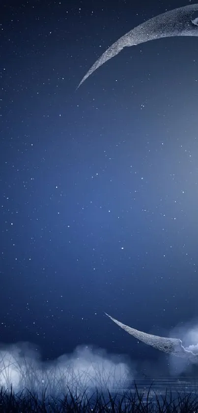 Mystical night sky with crescent moon and stars on mobile wallpaper.