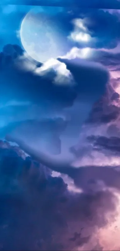 A mystical night sky with a glowing moon and swirling clouds in blue and purple hues.