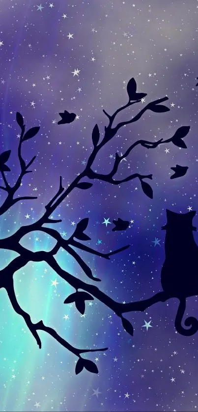 Silhouette of a cat on a branch with stars and a dark night sky background.