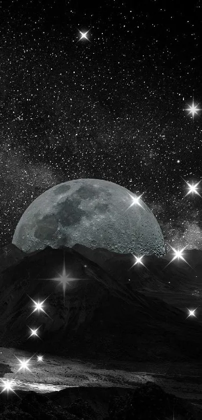 Moonlit night sky over mountains and galaxy.