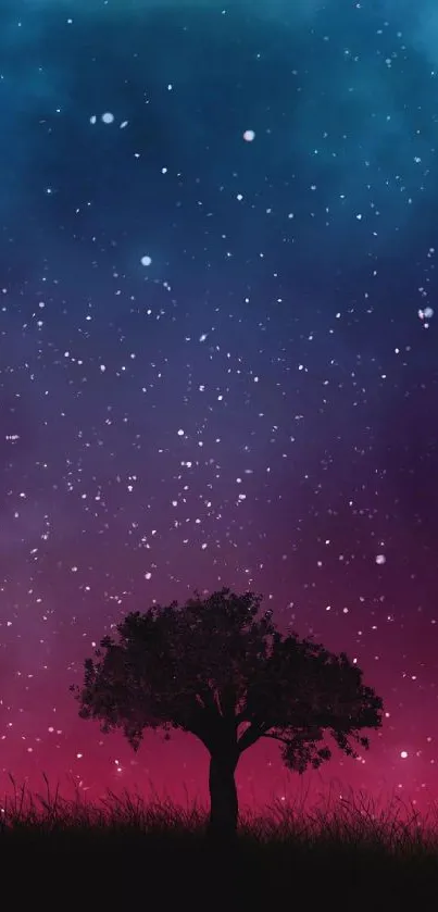 Mystical night sky with stars and tree silhouette on mobile wallpaper.