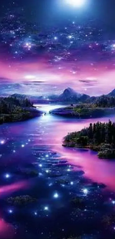 Mystical night sky with stars and purple hues over a serene water landscape.