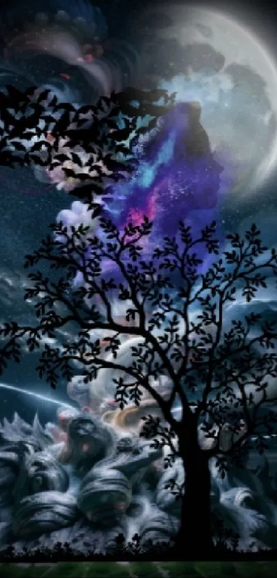 Mystical night sky wallpaper with a tree silhouette and moonlight.