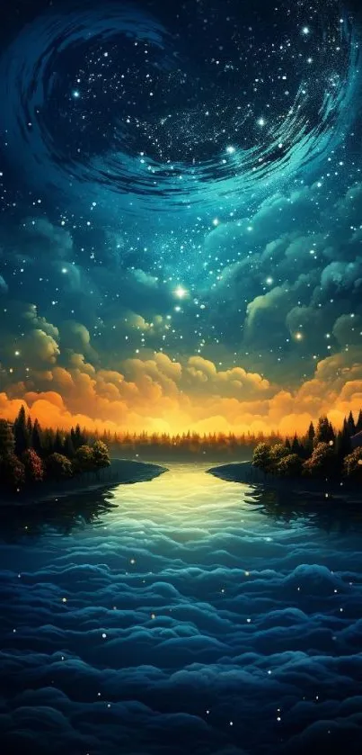 Mystical night sky with stars and a serene river creates a dreamy mobile wallpaper.