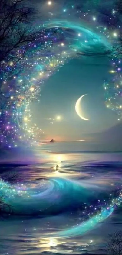 Mystical night sky with a crescent moon and stars over water.