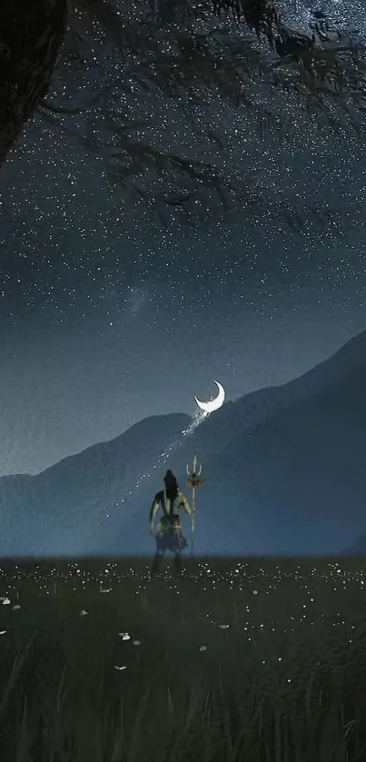 Mystical night sky wallpaper with stars and silhouette.