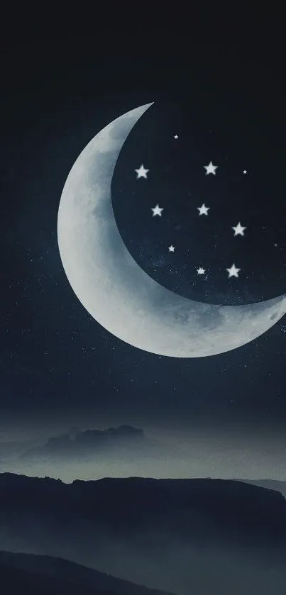 Crescent moon with stars in a mystical night sky wallpaper for phones.